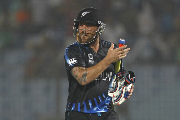 New Zealand's captain Brendon McCullum walks back to the pavilion after his dismissal by Netherlands's Timm van der Gugten during their ICC Twenty20 Cricket World Cup match in Chittagong, Bangladesh, Saturday, March 29, 2014. (AP Photo/A.M. Ahad)
