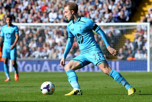 WEST BROMWICH, ENGLAND - APRIL 12:  Christain Eriksen of Tottenham in action during the Premier League match between West Bromwich Albion and Tottenham Hotspur at The Hawthorns on April 12, 2014 in West Bromwich, England.  (Photo by Ross Kinnaird/Getty Images)