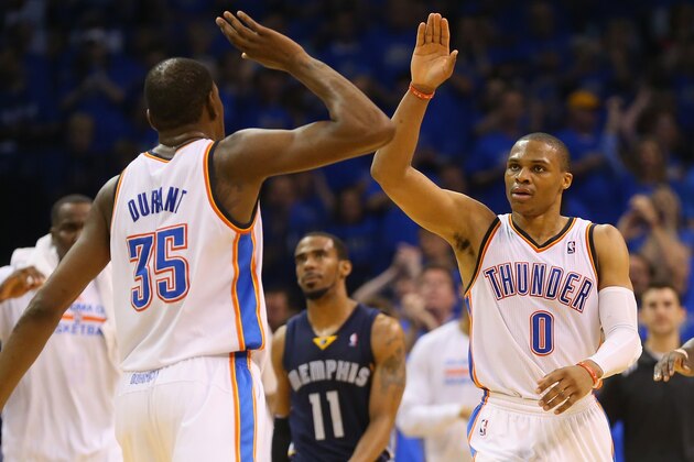 OKLAHOMA CITY, OK - APRIL 19:  Kevin Durant #35 of the Oklahoma City Thunder and Russell Westbrook #0 of the Oklahoma City Thunder celebrate against the Memphis Grizzlies in Game One of the Western Conference Quarterfinals during the 2014 NBA Playoffs at Chesapeake Energy Arena on April 19, 2014 in Oklahoma City, Oklahoma.  NOTE TO USER: User expressly acknowledges and agrees that, by downloading and or using this photograph, User is consenting to the terms and conditions of the Getty Images License Agreement.  (Photo by Ronald Martinez/Getty Images)