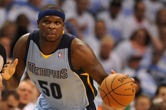 Apr 29, 2014; Oklahoma City, OK, USA; Memphis Grizzlies forward Zach Randolph (50) dribbles the ball against the Oklahoma City Thunder in game five of the first round of the 2014 NBA Playoffs at Chesapeake Energy Arena. Mandatory Credit: Mark D. Smith-USA TODAY Sports