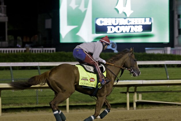 Exercise rider William Delgado takes Kentucky Derby entrant California Chrome for a morning workout during a morning workout at Churchill Downs Friday, May 2, 2014, in Louisville, Ky. (AP Photo/Morry Gash)