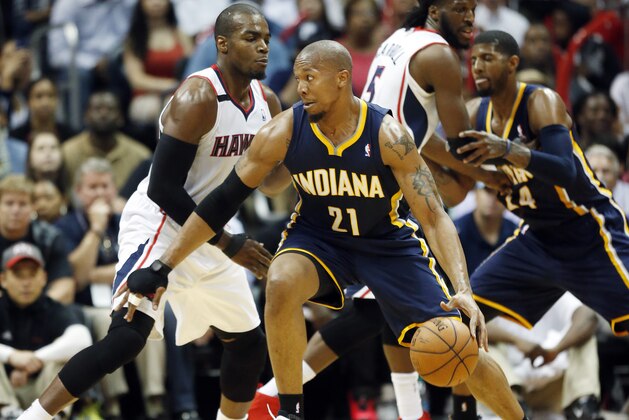 in the second half of an NBA first-round playoff basketball game Wednesday, April 24, 2014 in Atlanta.  Atlanta won 98-85 to take a 2-1 lead in the best-of-seven series. . (AP Photo/John Bazemore)