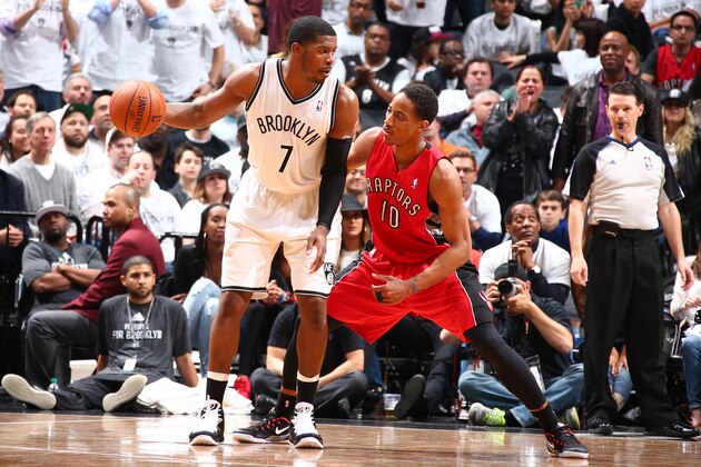 BROOKLYN, NY - MAY 2: Joe Johnson #7 of the Brooklyn Nets dribbles the ball against the Toronto Raptors during Game Six of the Eastern Conference Quarterfinals at Barclays Center on May 2, 2014 in the Brooklyn borough of New York City.  NOTE TO USER: User expressly acknowledges and agrees that, by downloading and/or using this Photograph, user is consenting to the terms and conditions of the Getty Images License Agreement. Mandatory Copyright Notice: Copyright 2014 NBAE (Photo by Nathaniel S. Butler/NBAE via Getty Images)