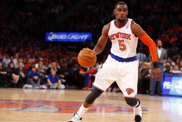 NEW YORK, NY - APRIL 16: Tim Hardaway Jr. #5 of the New York Knicks in action against the Toronto Raptors in the second half during an NBA basketball game at Madison Square Garden on April. 16, 2014 in New York City. The Knicks defeated the Raptors 95-92. NOTE TO USER: User expressly acknowledges and agrees that, by downloading and/or using this Photograph, user is consenting to the terms and conditions of the Getty Images License Agreement. (Photo by Rich Schultz /Getty Images)