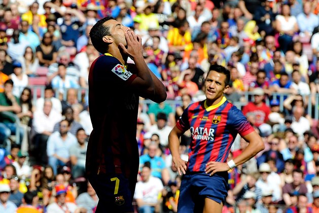 BARCELONA, SPAIN - MAY 03:  Pedro Rodriguez of FC Barcelona reacts after missing a chance to score during the La Liga match between FC Barcelona and Getafe CF at Nou Camp on May 3, 2014 in Barcelona, Spain.  (Photo by David Ramos/Getty Images)