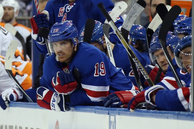 NEW YORK, NY - APRIL 27: Brad Richards #19 of the New York Rangers watches the play in the closing minutes of the game against the Philadelphia Flyers in Game Five of the First Round of the 2014 NHL Stanley Cup Playoffs at Madison Square Garden on April 27, 2014 in New York City. The Rangers defeated the Flyers 4-2.  (Photo by Bruce Bennett/Getty Images)