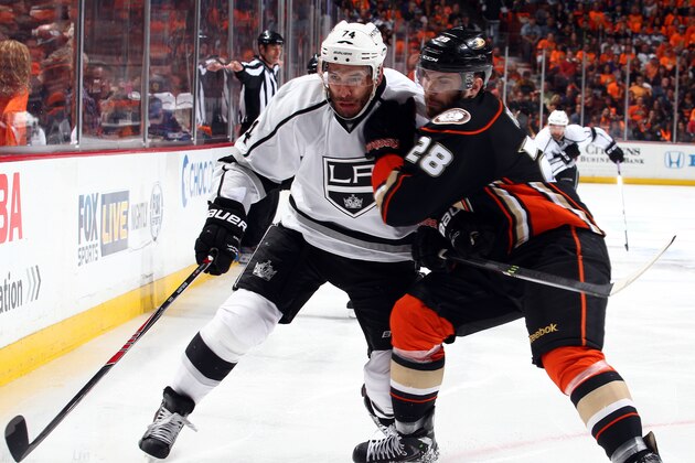 ANAHEIM, CA - MAY 3:  Dwight King #74 of the Los Angeles Kings and Mark Fistric #28 of the Anaheim Ducks battles for position in Game One of the Second Round of the 2014 Stanley Cup Playoffs at Honda Center on May 3, 2014 in Anaheim, California. (Photo by Debora Robinson/NHLI via Getty Images)