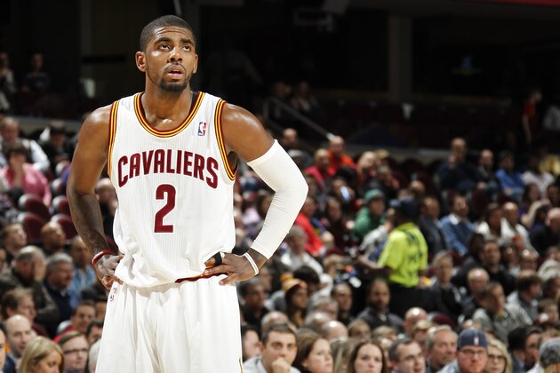 CLEVELAND, OH - FEBRUARY 5: Kyrie Irving #2 of the Cleveland Cavaliers looks on against the Los Angeles Lakers at The Quicken Loans Arena on February 5, 2014 in Cleveland, Ohio. NOTE TO USER: User expressly acknowledges and agrees that, by downloading and/or using this Photograph, user is consenting to the terms and conditions of the Getty Images License Agreement. Mandatory Copyright Notice: Copyright 2014 NBAE (Photo by Gregory Shamus/NBAE via Getty Images)