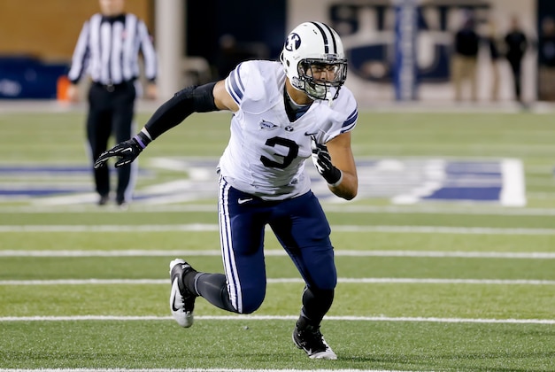 Oct 4, 2013; Logan, UT, USA; Brigham Young Cougars linebacker Kyle Van Noy (3) during the game against the Utah State Aggies in the third quarter at Romney Stadium.  Brigham Young Cougars defeated the Utah State Aggies 31-14.  Mandatory Credit: Chris Nicoll-USA TODAY Sports