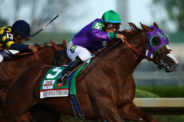 LOUISVILLE, KY - MAY 03: California Chrome #5, ridden by Victor Espinoza, pulls away from Chitu #13, ridden by Martin Garcia, coming out of the fourth turn enroute to winning the 140th running of the Kentucky Derby at Churchill Downs on May 3, 2014 in Louisville, Kentucky.  (Photo by Andy Lyons/Getty Images)