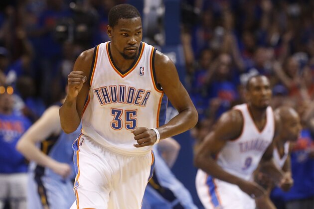 Oklahoma City Thunder forward Kevin Durant (35) pumps his fist as he heads back up the court following a three point basket in the second quarter of Game 7 of an opening-round NBA basketball playoff series against the Memphis Grizzlies in Oklahoma City, Saturday, May 3, 2014. (AP Photo/Sue Ogrocki)