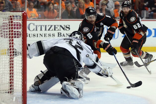 ANAHEIM, CA - MAY 03:  Teemu Selanne #8 of the Anaheim Ducks scores a goal on goaltender Jonathan Quick #32 of the Los Angeles Kings in the third period of Game One of the Second Round of the 2014 NHL Stanley Cup Playoffs at Honda Center on May 3, 2014 in Anaheim, California. The Kings defeated the Ducks 3-2 in overtime.  (Photo by Jeff Gross/Getty Images)