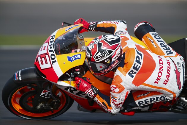 NORTHAMPTON, ENGLAND - SEPTEMBER 01: Marc Marquez of Spain and Repsol Honda in action during the early morning warm up session prior to the Moto GP of great Britain at Silverstone Circuit on September 1, 2013 in Northampton, England. (Photo by Mark Thompson/Getty Images) NORTHAMPTON, ENGLAND - SEPTEMBER 01: Marc Marquez of Spain and Repsol Honda in action during the early morning warm up session prior to the Moto GP of great Britain at Silverstone Circuit on September 1, 2013 in Northampton, England. (Photo by Mark Thompson/Getty Images)