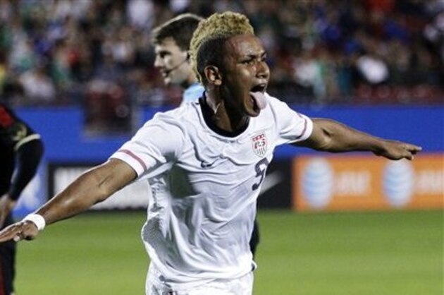 United States forward Juan Agudelo (9) celebrates as Mexico forward Javier Cortes (7) walks away following Agudelo's goal on a corner kick in the first half of an under-23 international friendly soccer match at FC Dallas Stadium, Wednesday, Feb. 29, 2012, in Frisco, Texas. (AP Photo/Tony Gutierrez)