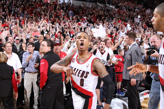 PORTLAND, OR - MAY 2: Damian Lillard #0 of the Portland Trail Blazers after the game against the Houston Rockets in Game Six of the Western Conference Quarterfinals during the 2014 NBA Playoffs on May 2, 2014 at the Moda Center in Portland, Oregon. NOTE TO USER: User expressly acknowledges and agrees that, by downloading and or using this photograph, User is consenting to the terms and conditions of the Getty Images License Agreement. Mandatory Copyright Notice: Copyright 2014 NBAE (Photo by Sam Forencich/NBAE via Getty Images)