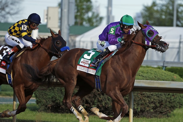 Victor Espinoza rides California Chrome to a victory during the 140th running of the Kentucky Derby horse race at Churchill Downs Saturday, May 3, 2014, in Louisville, Ky. (AP Photo/Matt Slocum)