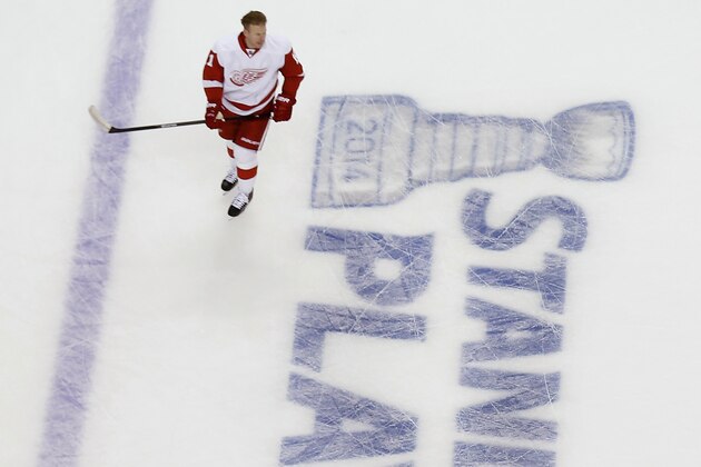 Detroit Red Wings right wing Daniel Alfredsson skates before Game 1 of a first-round NHL playoff series against the Boston Bruins in Boston on Friday, April 18, 2014. (AP Photo/Winslow Townson)