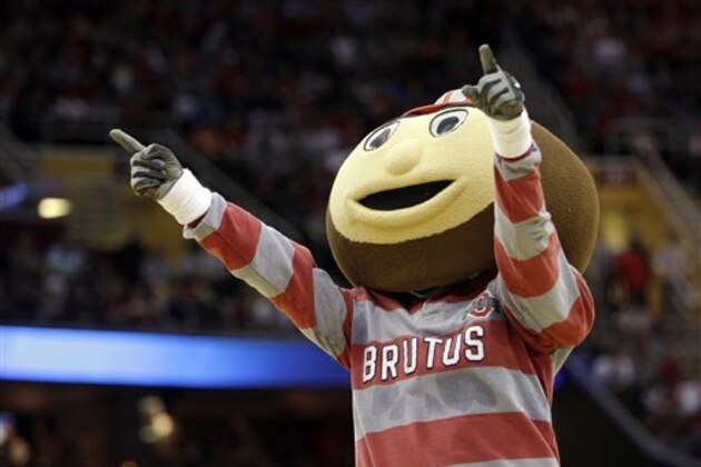FILE - In this March 20, 2011, file photo, Ohio State mascot Brutus Buckeye performs during an East regional NCAA college basketball tournament third-round game between Ohio State and  George Mason in Cleveland. (AP Photo/Tony Dejak, File)
