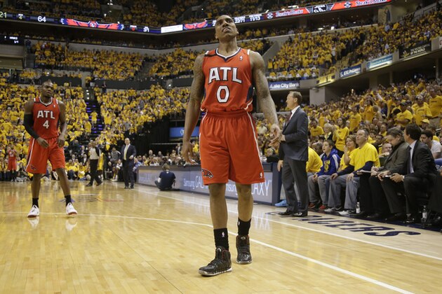Atlanta Hawks guard Jeff Teague (0) during Game 7 of a first-round NBA basketball playoff series between the Indiana Pacers and the Atlanta Hawks in Indianapolis, Saturday, May 3, 2014. The Pacers won 92-80. (AP Photo/AJ Mast)