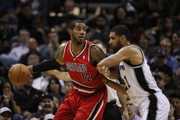 Mar 12, 2014; San Antonio, TX, USA; Portland Trail Blazers forward LaMarcus Aldridge (12) posts up against San Antonio Spurs forward Tim Duncan (21) during the first half at AT&T Center. Mandatory Credit: Soobum Im-USA TODAY Sports