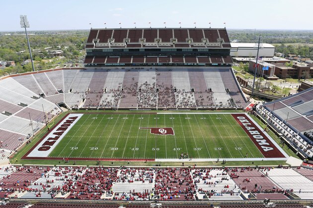 The new paint on the Gaylord Family Oklahoma Memorial Stadium that fans chose during an online voting for the Oklahoma NCAA college spring football game in Norman, Okla., on Saturday, April 12, 2014. (AP Photo/Alonzo Adams)