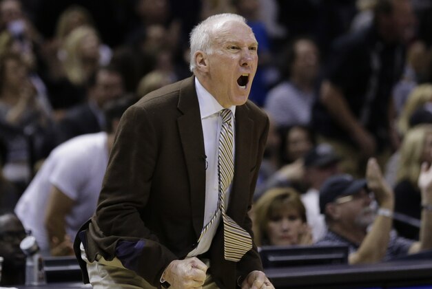 San Antonio Spurs coach Gregg Popovich during the second half of Game 5 of the opening-round NBA basketball playoff series against the Dallas Mavericks, Wednesday, April 30, 2014, in San Antonio. San Antonio won 109-103. (AP Photo/Eric Gay)
