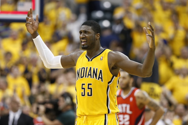 INDIANAPOLIS, IN - MAY 3: Roy Hibbert #55 of the Indiana Pacers celebrates following Game Seven of the Eastern Conference Quarterfinals of the 2014 NBA Playoffs against the Atlanta Hawks on May 3, 2014 at Bankers Life Fieldhouse in Indianapolis, Indiana. The Pacers won 92-80. NOTE TO USER: User expressly acknowledges and agrees that, by downloading and or using this photograph, User is consenting to the terms and conditions of the Getty Images License Agreement. (Photo by Joe Robbins/Getty Images)