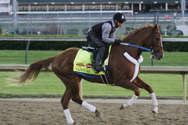 Exercise rider Abel Flores takes Kentucky Derby entrant Tapiture for a morning workout at Churchill Downs Friday, May 2, 2014, in Louisville, Ky. (AP Photo/Garry Jones)