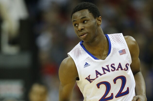 Kansas guard Andrew Wiggins (22) during the first half of an NCAA college basketball game against Oklahoma State in the quarterfinals of the Big 12 Conference men's tournament in Kansas City, Mo., Thursday, March 13, 2014. (AP Photo/Orlin Wagner)