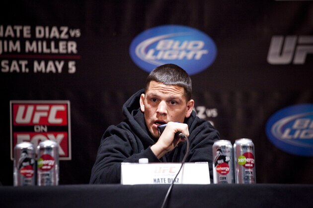 NEW YORK - MARCH 06:   UFC lightweight Nate Diaz speaks at a press conference at Radio City Music Hall on March 06, 2012 in New York City.  UFC announced that their third event on the FOX network will take place on Saturday, May 5 from the IZOD Center in East Rutherford, N.J.. (Photo by Michael Nagle/Getty Images)