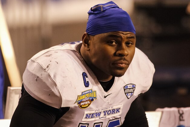 Buffalo linebacker Khalil Mack (46) watches the offense at work from the sideline during the second half of the Famous Idaho Potato Bowl NCAA college football game against San Diego State in Boise, Idaho, on Saturday, Dec. 21, 2013. San Diego State defeated Buffalo 49-24. (AP Photo/Otto Kitsinger)