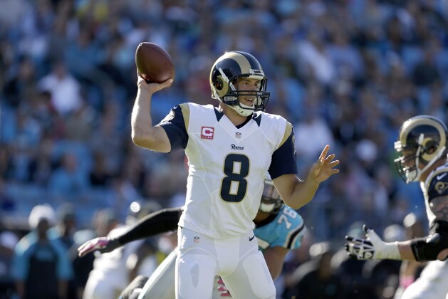 St. Louis Rams' Sam Bradford (8) prepares to pass against the Carolina Panthers during the second half of an NFL football game in Charlotte, N.C., Sunday, Oct. 20, 2013. The Panthers won 30-15. (AP Photo/Bob Leverone)