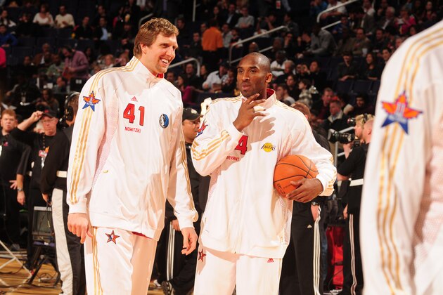 PHOENIX - FEBRUARY 15: Dirk Nowitzki and Kobe Bryant of the Western Conference warm up during the 58th NBA All-Star Game, part of 2009 NBA All-Star Weekend, at US Airways Center on February 15, 2009 in Phoenix, Arizona.   NOTE TO USER: User expressly acknowledges and agrees that, by downloading and or using this photograph, User is consenting to the terms and conditions of the Getty Images License Agreement. Mandatory Copyright Notice: Copyright 2009 NBAE  (Photo by Barry Gossage/NBAE via Getty Images)