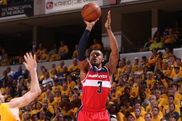 INDIANA MAY 5: Bradley Beal #3 of the Washington Wizards shoots the ball against the Indiana Pacers during Game One of the Eastern Conference Semifinals on May 5, 2014 at Bankers Life Fieldhouse in Indianapolis, Indiana. NOTE TO USER: User expressly acknowledges and agrees that, by downloading and/or using this photograph, user is consenting to the terms and conditions of the Getty Images License Agreement.  Mandatory Copyright Notice: Copyright 2014 NBAE (Photo by Gary Dineen/NBAE via Getty Images)