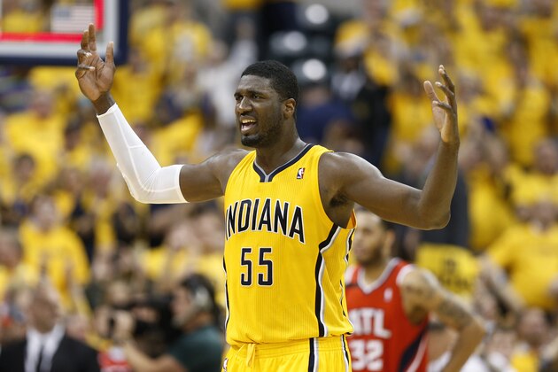 INDIANAPOLIS, IN - MAY 3: Roy Hibbert #55 of the Indiana Pacers celebrates following Game Seven of the Eastern Conference Quarterfinals of the 2014 NBA Playoffs against the Atlanta Hawks on May 3, 2014 at Bankers Life Fieldhouse in Indianapolis, Indiana. The Pacers won 92-80. NOTE TO USER: User expressly acknowledges and agrees that, by downloading and or using this photograph, User is consenting to the terms and conditions of the Getty Images License Agreement. (Photo by Joe Robbins/Getty Images)