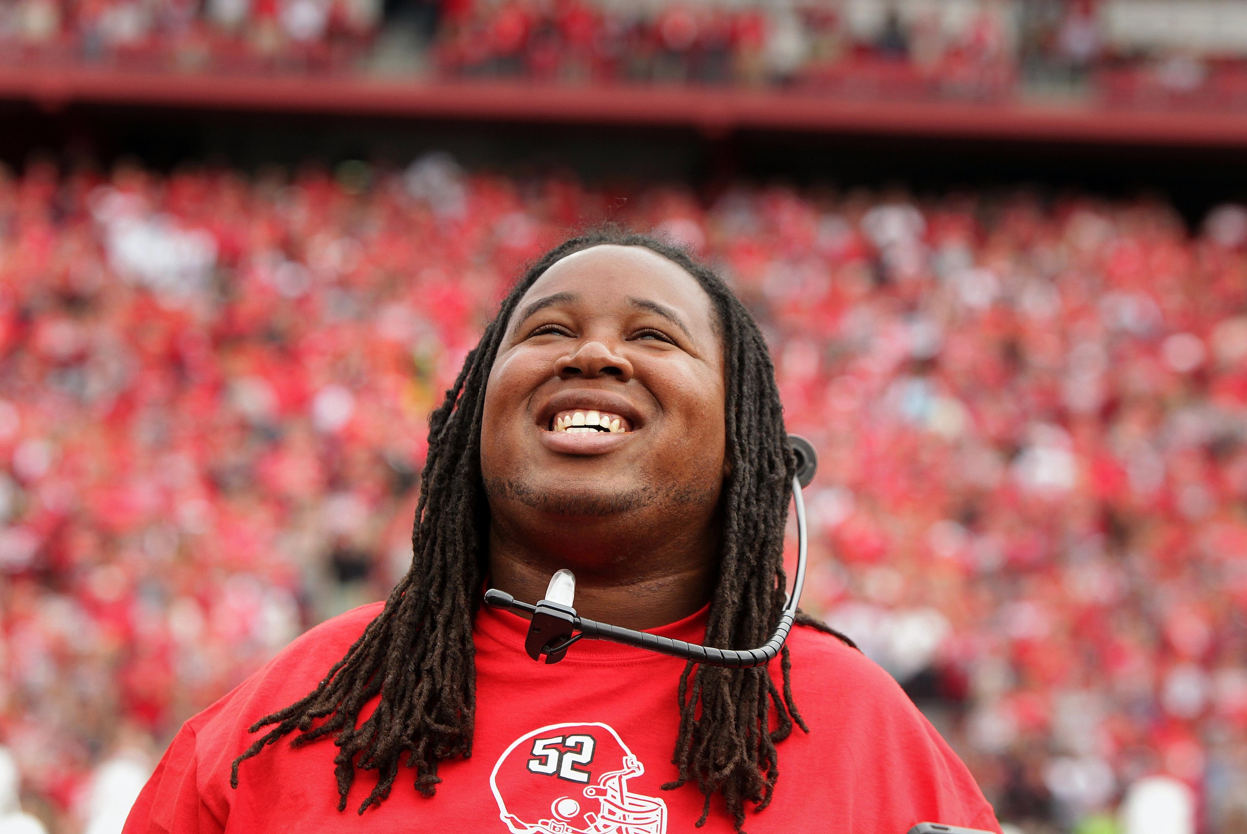 Sep 14, 2013; Piscataway, NJ, USA; Rutgers Scarlet Knights former player Eric LeGrand comes onto the field at halftime of a game against the Eastern Michigan Eagles for his jersey number retirement ceremony at High Points Solutions Stadium.  Mandatory Credit: John O'Boyle/THE STAR-LEDGER via USA TODAY Sports