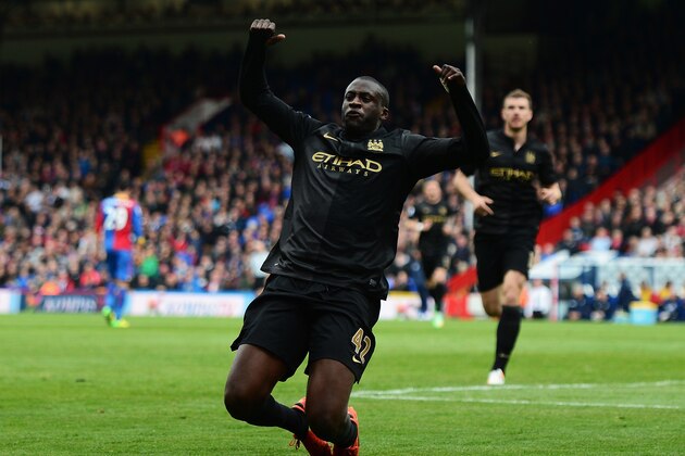 LONDON, ENGLAND - APRIL 27:  Yaya Toure of Manchester City celebrates scoring his team's second goal during the Barclays Premier League match between Crystal Palace and Manchester City at Selhurst Park on April 27, 2014 in London, England.  (Photo by Jamie McDonald/Getty Images)