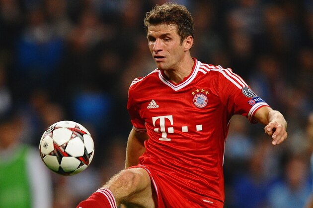 MANCHESTER, ENGLAND - OCTOBER 02: Thomas Muller of FC Bayern Muenchen in action during the UEFA Champions League Group D match between Manchester City and  FC Bayern Muenchen at Etihad Stadium on October 2, 2013 in Manchester, England.  (Photo by Laurence Griffiths/Getty Images)