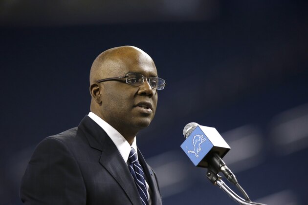 Detroit Lions General Manager Martin Mayhew addresses the media at Ford Field in Detroit, Wednesday, Jan. 15, 2014, where Jim Caldwell was presented as the team's new head coach. (AP Photo/Carlos Osorio)