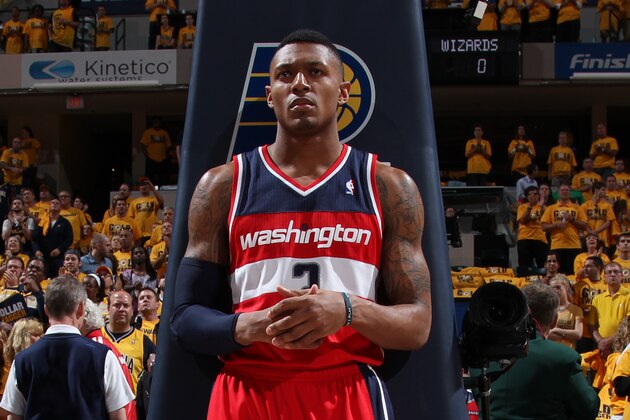INDIANA MAY 5:  Bradley Beal #3 of the Washington Wizards looks on against the Indiana Pacers during Game One of the Eastern Conference Semifinals on May 5, 2014 at Bankers Life Fieldhouse in Indianapolis, Indiana. NOTE TO USER: User expressly acknowledges and agrees that, by downloading and/or using this photograph, user is consenting to the terms and conditions of the Getty Images License Agreement.  Mandatory Copyright Notice: Copyright 2014 NBAE (Photo by Gary Dineen/NBAE via Getty Images)