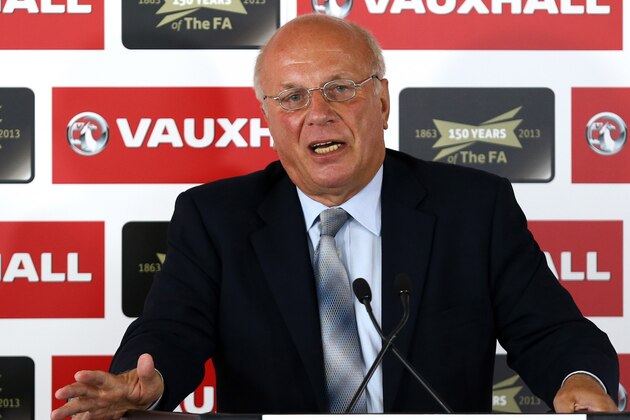 In this image provided by The Football Association, FA Chairman Greg Dyke addresses the media at Millbank Tower, London, Wednesday Sept. 4, 2013. New Football Association chairman Greg Dyke complained that the Premier League he helped to establish in 1992 led to an influx of foreign players that was never foreseen, denying first-team opportunities to homegrown prospects. (AP Photo/Jan Kruger, The Football Association)