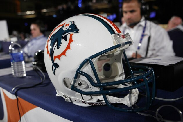 A Miami Dolphins helmet is displayed during day two of the NFL Draft at Radio City Music Hall Sunday, April 26, 2009 in New York.  (AP Photo/Jason DeCrow)