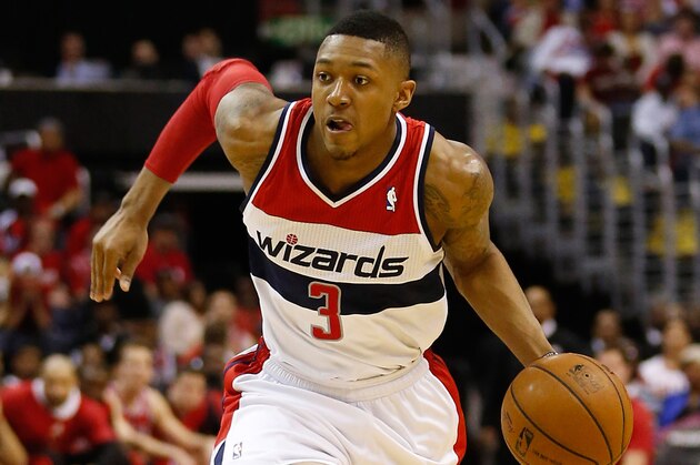 Apr 27, 2014; Washington, DC, USA; Washington Wizards guard Bradley Beal (3) dribbles the ball against the Chicago Bulls in game four of the first round of the 2014 NBA Playoffs at Verizon Center. Mandatory Credit: Geoff Burke-USA TODAY Sports