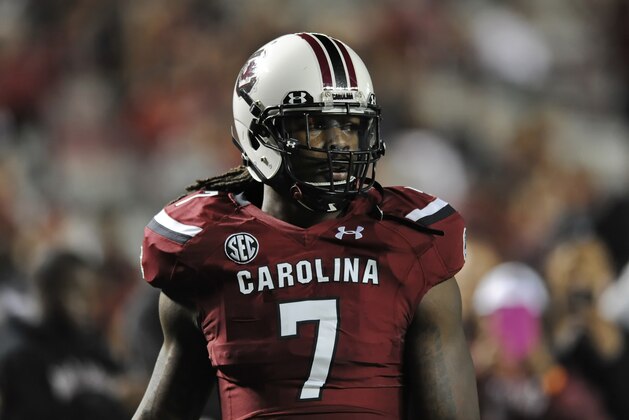 South Carolina's Jadeveon Clowney warms up before the start of an NCAA college football game against Florida Saturday, Nov. 16, 2013, at Williams-Brice Stadium in Columbia, S.C. (AP Photo/ Richard Shiro)