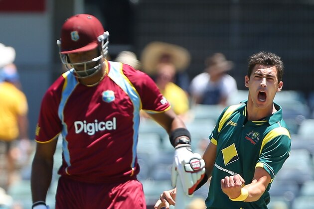 PERTH, AUSTRALIA - FEBRUARY 01:  Mitchell Starc of Australia celebrates the wicket of Kieron Pollard of the West Indies during game one of the Commonwealth Bank One Day International Series between Australia and the West Indies at WACA on February 1, 2013 in Perth, Australia.  (Photo by Paul Kane/Getty Images)