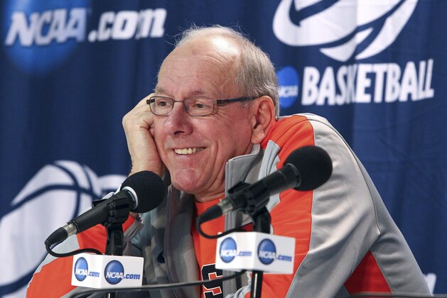 Syracuse head coach Jim Boeheim responds to questions during a news conference before a second round game against Western Michigan in the men's NCAA college basketball tournament Wednesday, March 19, 2014, in Buffalo, N.Y.  (AP Photo/Nick LoVerde)