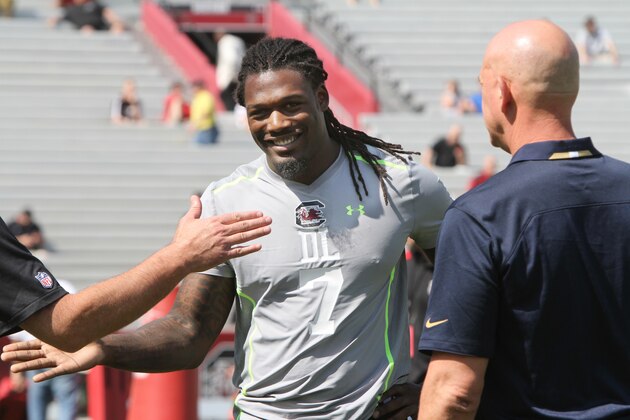 ADVANCE FOR WEEKEND EDITIONS, APRIL 26-27 - FILE - In this April 2, 2014 file photo, South Carolina defensive end Jadeveon Clowney competes in a drill for NFL representatives at South Carolina football pro day in Columbia, S.C. Despite the commitment issues that have trailed him the past year, there's no question about this: Clowney loves sacking passers and can't wait to get started.  (AP Photo/Mary Ann Chastain, File)