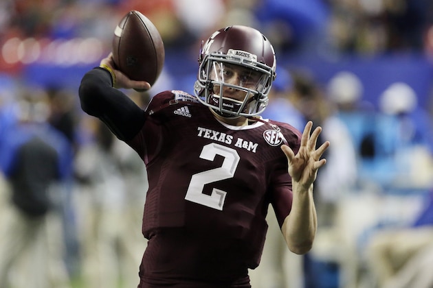 ADVANCE FOR WEEKEND EDITIONS, MAY 3-4 - FILE - In this Dec. 31, 2013, file photo, Texas A&M quarterback Johnny Manziel (2) warms up before the start of the Chick-fil-A Bowl NCAA college football game against Duke in Atlanta. Manziel is a 2012 Heisman Trophy winner was one of most exciting and productive players in college football history. He is a top prospect in the upcoming NFL draft. (AP Photo/John Bazemore, File)