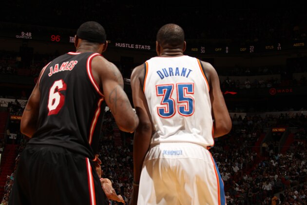 MIAMI, FL - JANUARY 29: Kevin Durant #35 of the Oklahoma City Thunder against LeBron James #6 of the Miami Heat at the American Airlines Arena in Miami, Florida on Jan. 29, 2014. NOTE TO USER: User expressly acknowledges and agrees that, by downloading and/or using this photograph, user is consenting to the terms and conditions of the Getty Images License Agreement. Mandatory copyright notice: Copyright NBAE 2014 (Photo by Issac Baldizon/NBAE via Getty Images)