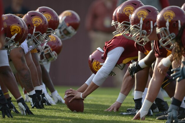 Mar 11, 2014; Los Angeles, CA, USA; General view of the line of scrimmage as Southern California Trojans snapper Zach Smith (60) snaps the ball at spring practice at Howard Jones Field. Mandatory Credit: Kirby Lee-USA TODAY Sports